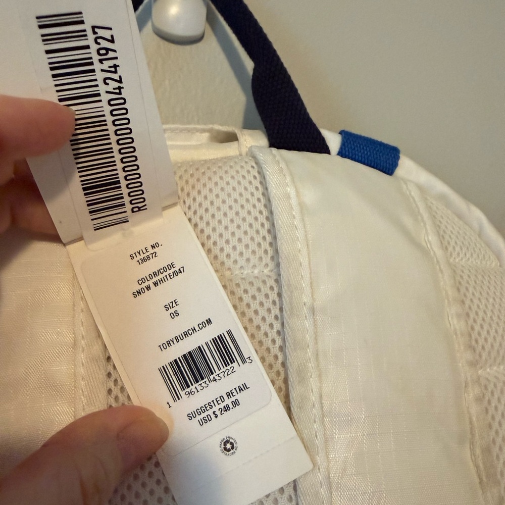 Tory Burch Ripstop White Backpack with Orange, Blue, and Yellow Details - Picture 5 of 8